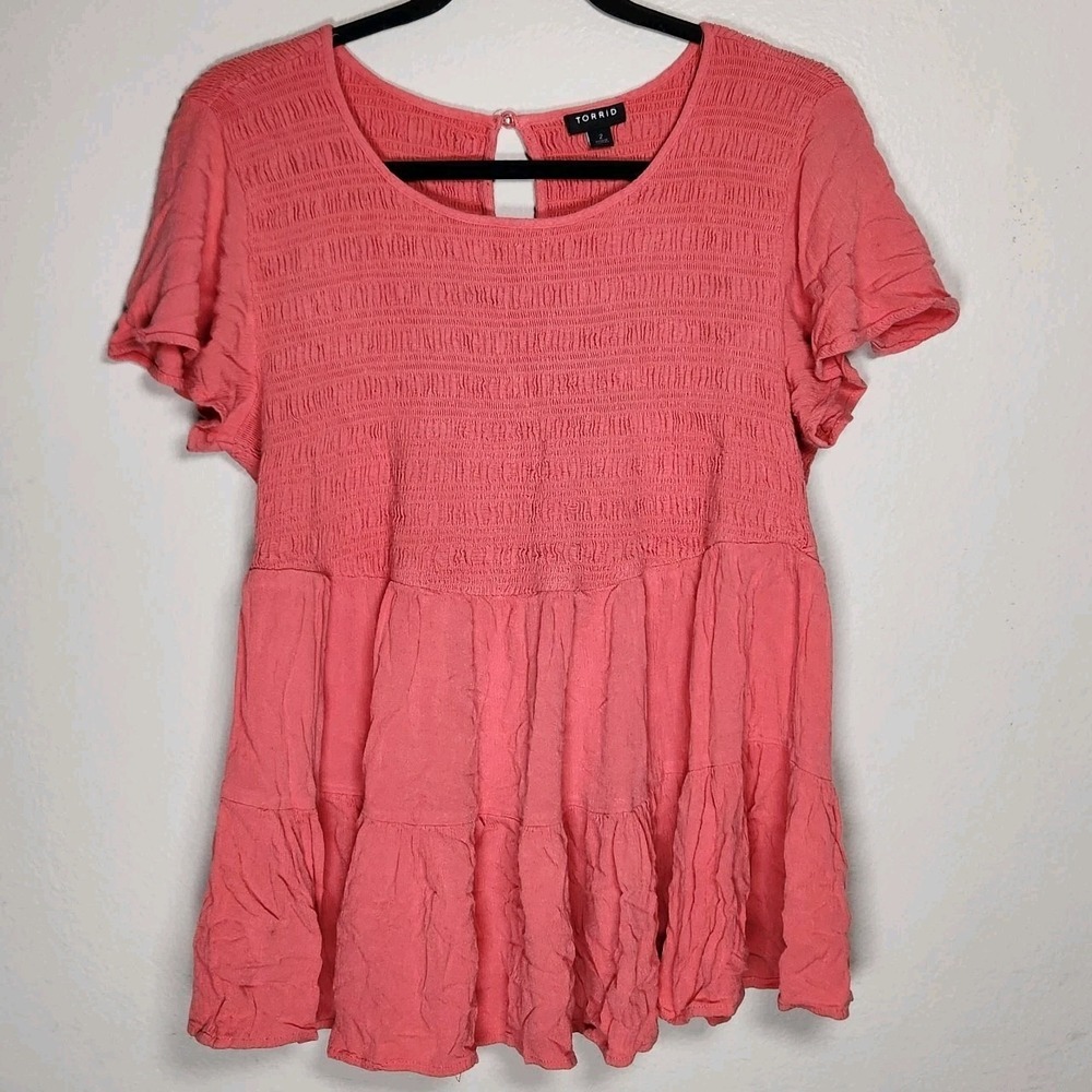 Torrid Womens 2X Pink Smocked Tiered Babydoll Top Soft Girl Cottagecore Coquette